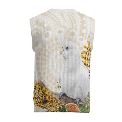 Australia Little Corella Christmas Knitted V-Neck Vest Cacatua Sanguinea Western Grevillea Aboriginal Art - Aussie Hoodie