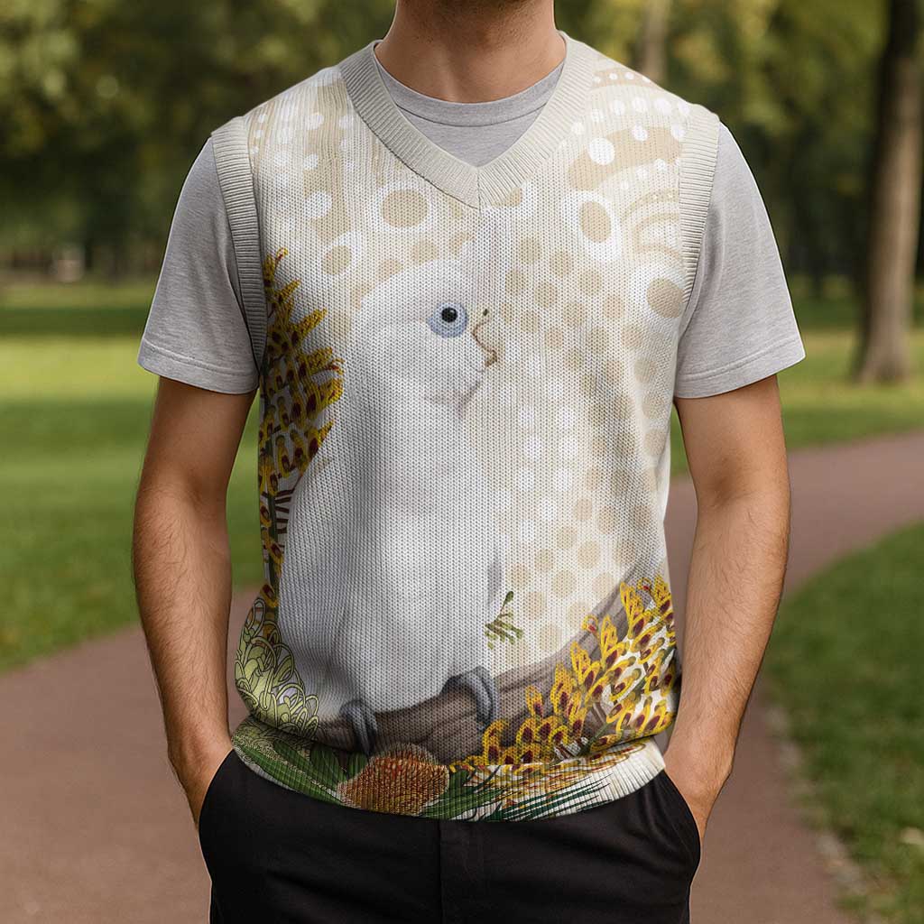 Australia Little Corella Christmas Knitted V-Neck Vest Cacatua Sanguinea Western Grevillea Aboriginal Art - Aussie Hoodie
