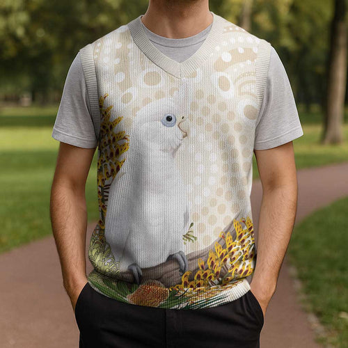 Australia Little Corella Christmas Knitted V-Neck Vest Cacatua Sanguinea Western Grevillea Aboriginal Art - Aussie Hoodie