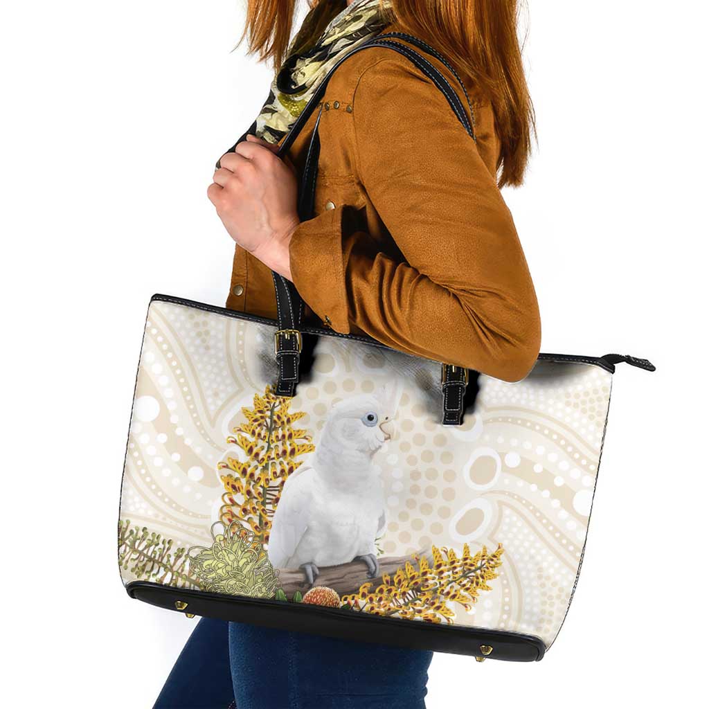 Australia Little Corella Leather Tote Bag Cacatua Sanguinea Western Grevillea Aboriginal Art - Aussie Hoodie