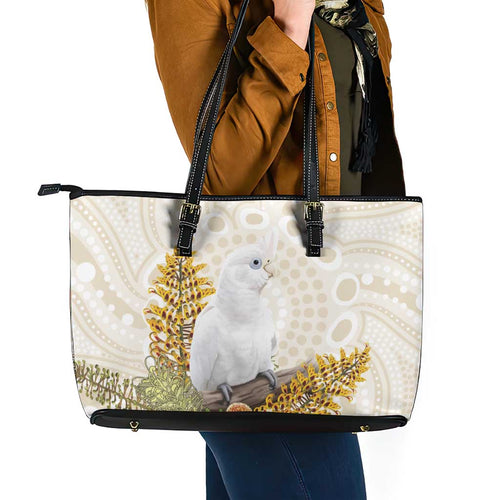 Australia Little Corella Leather Tote Bag Cacatua Sanguinea Western Grevillea Aboriginal Art - Aussie Hoodie