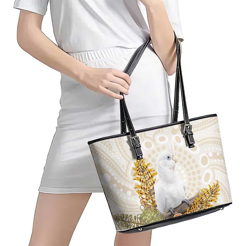 Australia Little Corella Leather Tote Bag Cacatua Sanguinea Western Grevillea Aboriginal Art - Aussie Hoodie