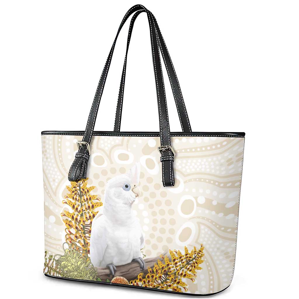 Australia Little Corella Leather Tote Bag Cacatua Sanguinea Western Grevillea Aboriginal Art - Aussie Hoodie