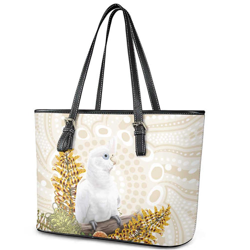 Australia Little Corella Leather Tote Bag Cacatua Sanguinea Western Grevillea Aboriginal Art - Aussie Hoodie