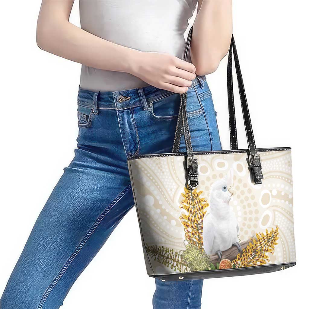 Australia Little Corella Leather Tote Bag Cacatua Sanguinea Western Grevillea Aboriginal Art - Aussie Hoodie