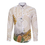 Australia Little Corella Long Sleeve Button Shirt Cacatua Sanguinea Western Grevillea Aboriginal Art - Aussie Hoodie