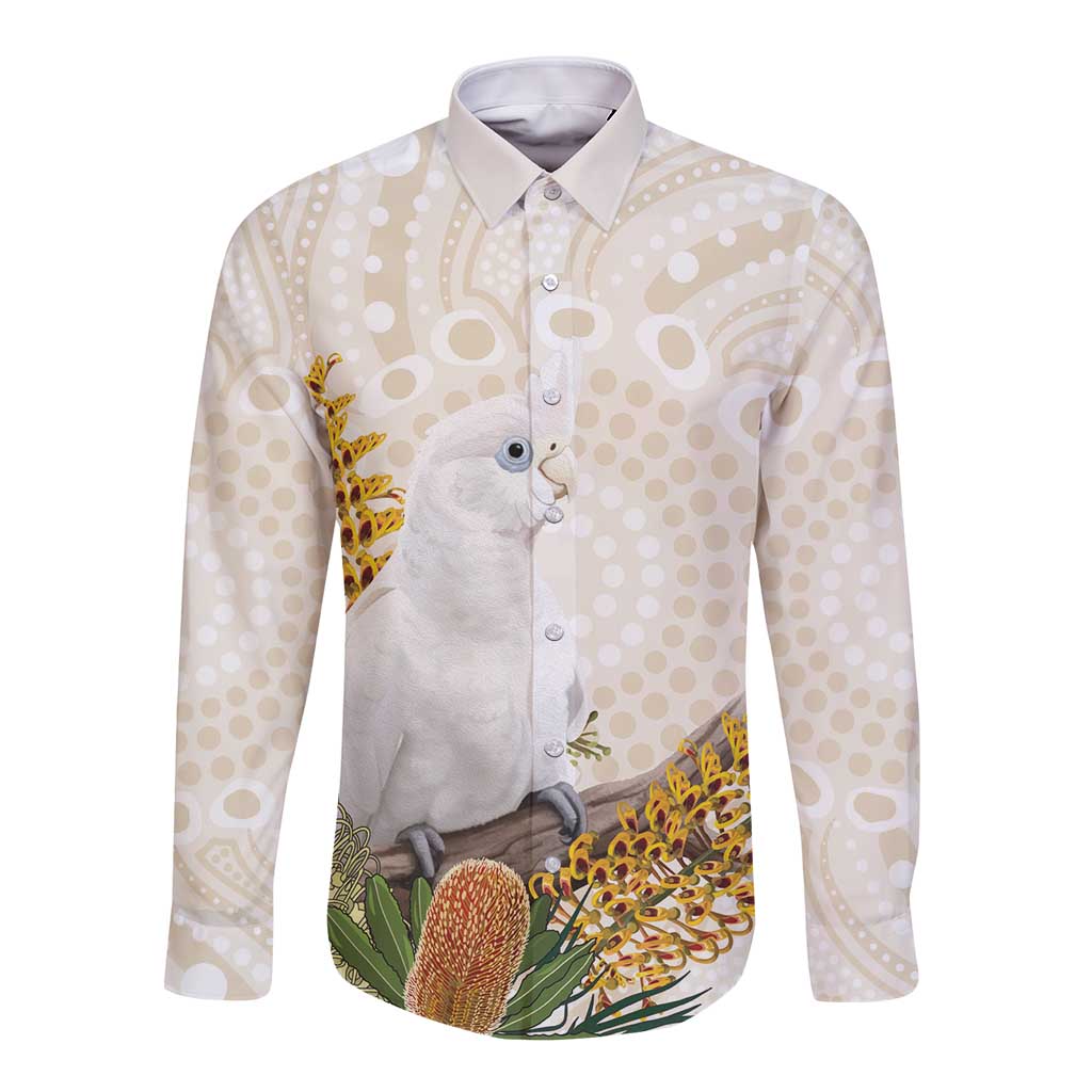 Australia Little Corella Long Sleeve Button Shirt Cacatua Sanguinea Western Grevillea Aboriginal Art - Aussie Hoodie