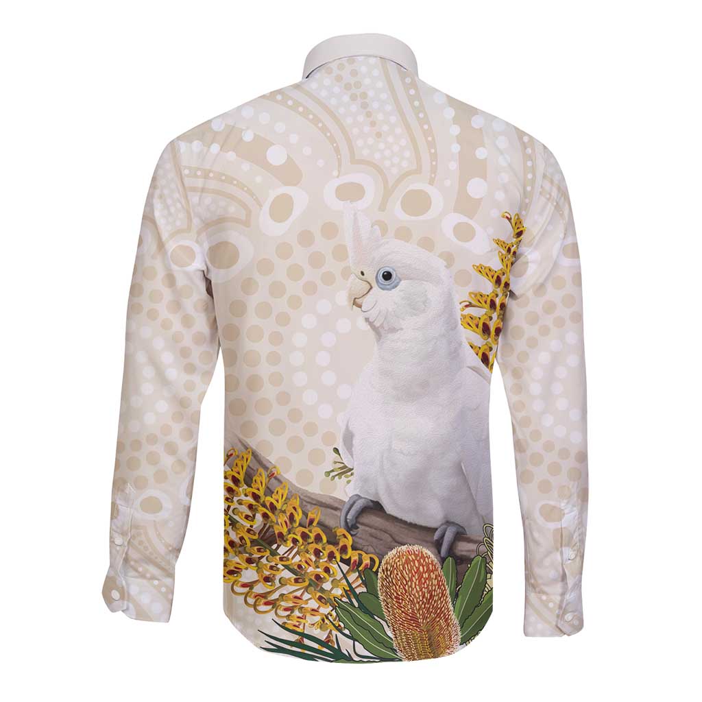 Australia Little Corella Long Sleeve Button Shirt Cacatua Sanguinea Western Grevillea Aboriginal Art - Aussie Hoodie