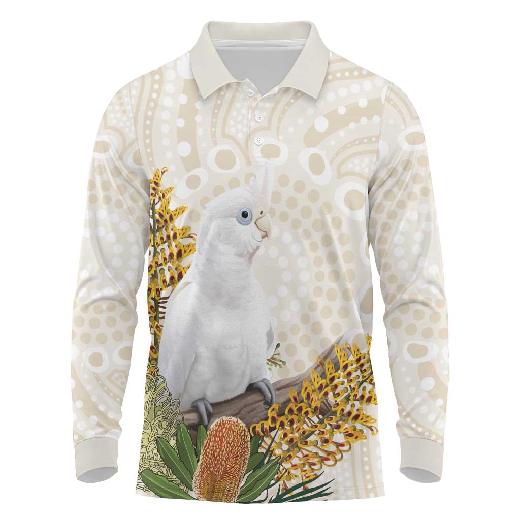 Australia Little Corella Long Sleeve Polo Shirt Cacatua Sanguinea Western Grevillea Aboriginal Art - Aussie Hoodie