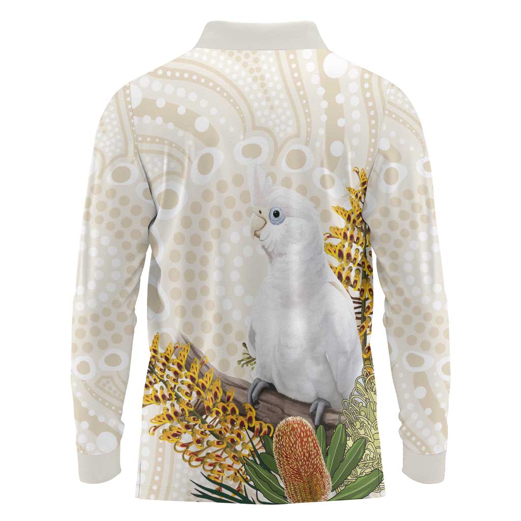 Australia Little Corella Long Sleeve Polo Shirt Cacatua Sanguinea Western Grevillea Aboriginal Art - Aussie Hoodie
