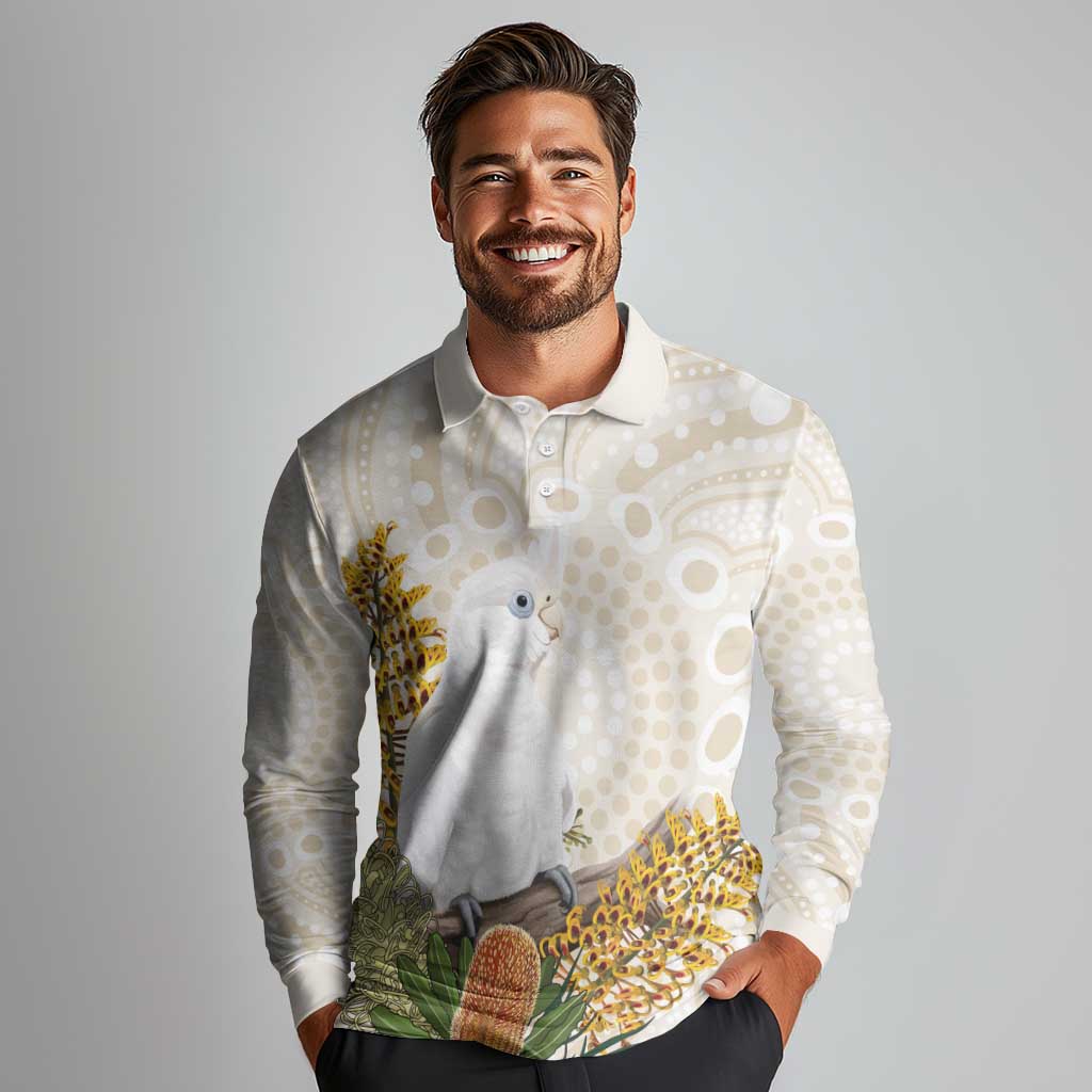 Australia Little Corella Long Sleeve Polo Shirt Cacatua Sanguinea Western Grevillea Aboriginal Art - Aussie Hoodie