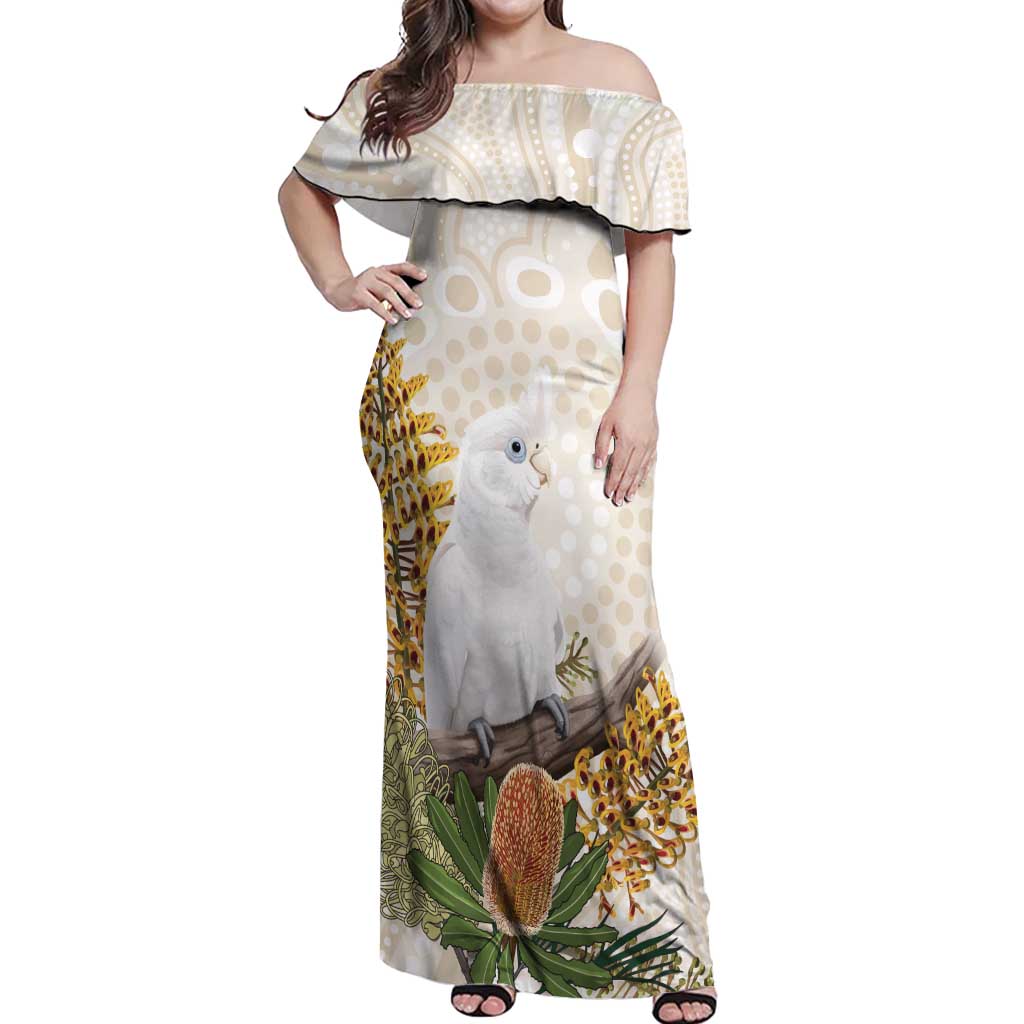 Australia Little Corella Off Shoulder Maxi Dress Cacatua Sanguinea Western Grevillea Aboriginal Art - Aussie Hoodie