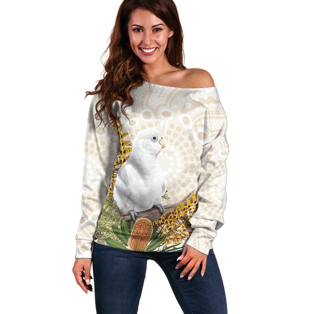 Australia Little Corella Off Shoulder Sweater Cacatua Sanguinea Western Grevillea Aboriginal Art - Aussie Hoodie