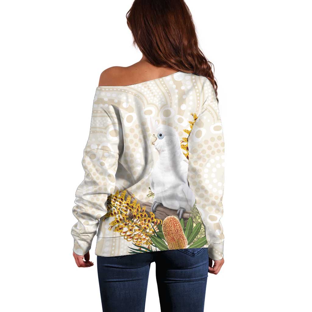 Australia Little Corella Off Shoulder Sweater Cacatua Sanguinea Western Grevillea Aboriginal Art - Aussie Hoodie