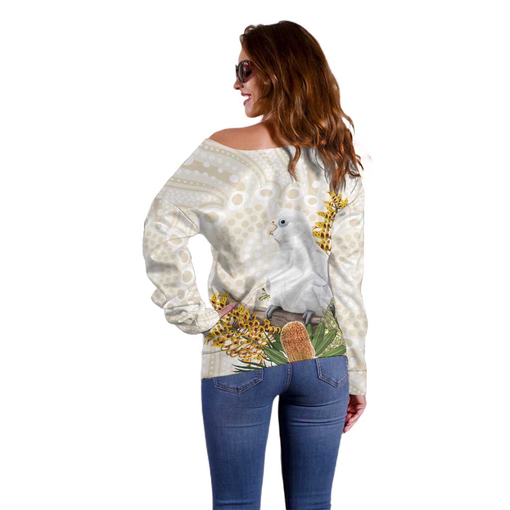 Australia Little Corella Off Shoulder Sweater Cacatua Sanguinea Western Grevillea Aboriginal Art - Aussie Hoodie