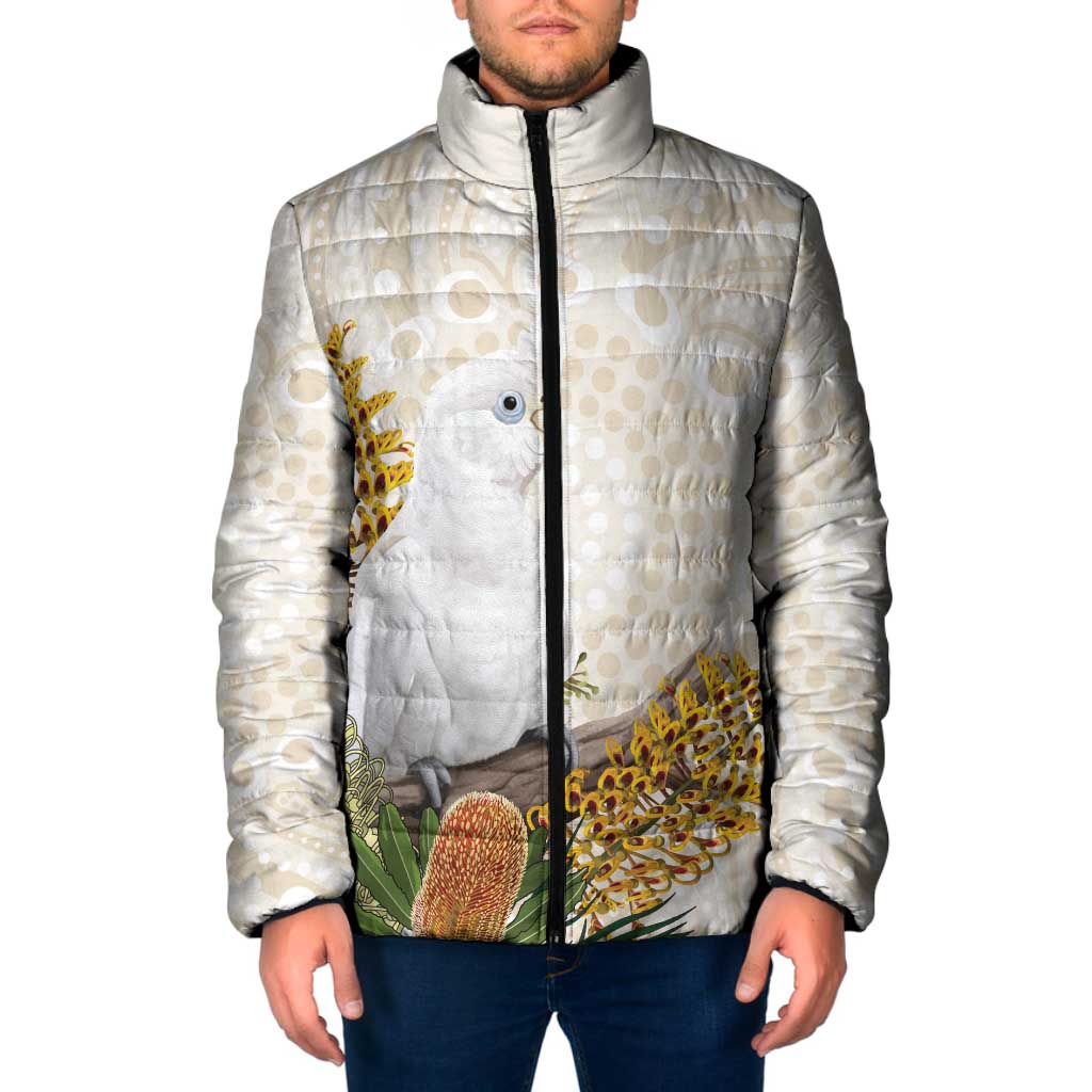 Australia Little Corella Padded Jacket Cacatua Sanguinea Western Grevillea Aboriginal Art - Aussie Hoodie