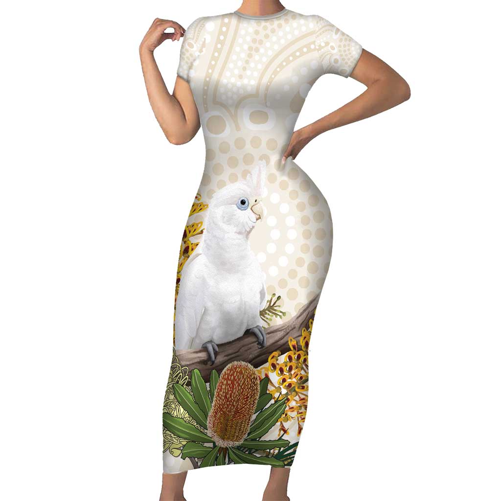Australia Little Corella Short Sleeve Bodycon Dress Cacatua Sanguinea Western Grevillea Aboriginal Art - Aussie Hoodie