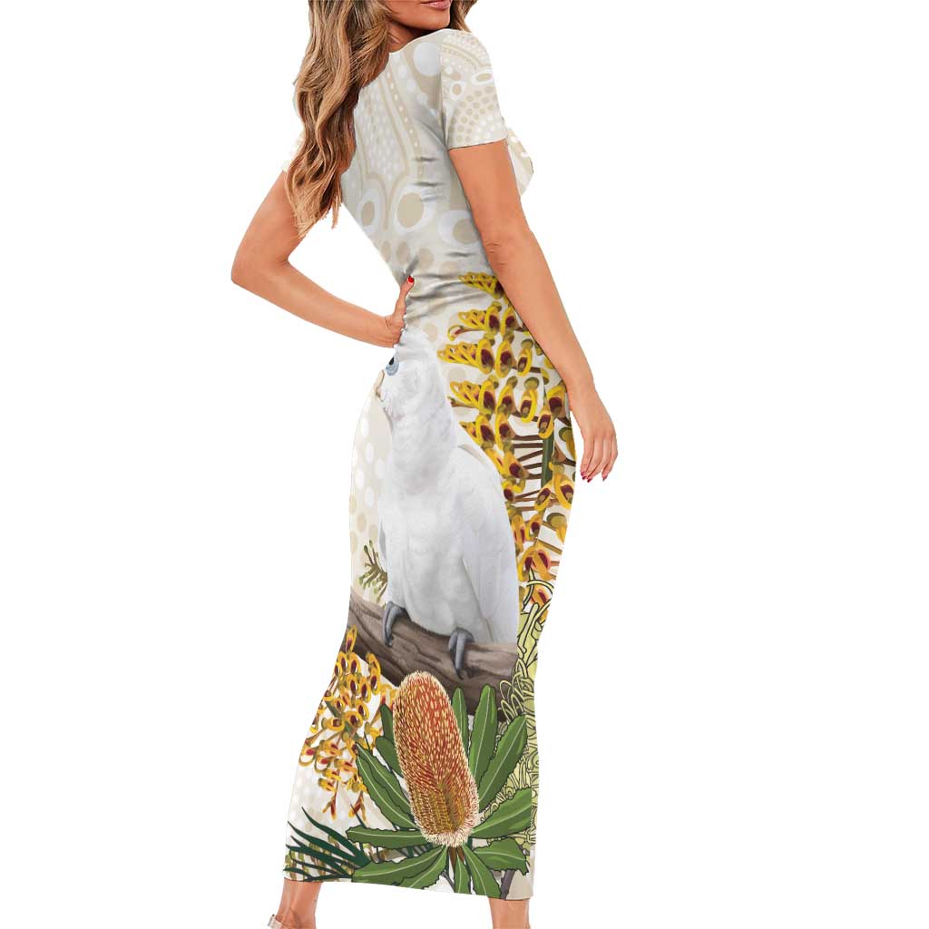 Australia Little Corella Short Sleeve Bodycon Dress Cacatua Sanguinea Western Grevillea Aboriginal Art - Aussie Hoodie