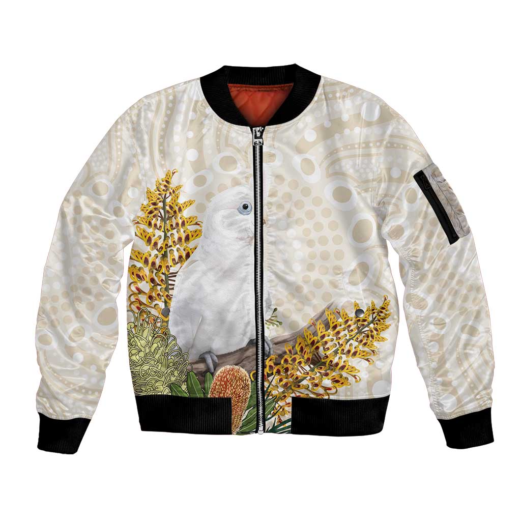 Australia Little Corella Sleeve Zip Bomber Jacket Cacatua Sanguinea Western Grevillea Aboriginal Art - Aussie Hoodie