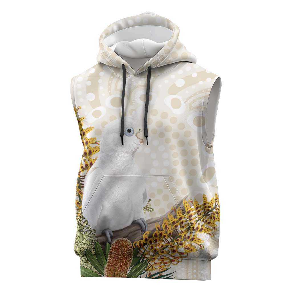 Australia Little Corella Sleeveless Hoodie Cacatua Sanguinea Western Grevillea Aboriginal Art - Aussie Hoodie
