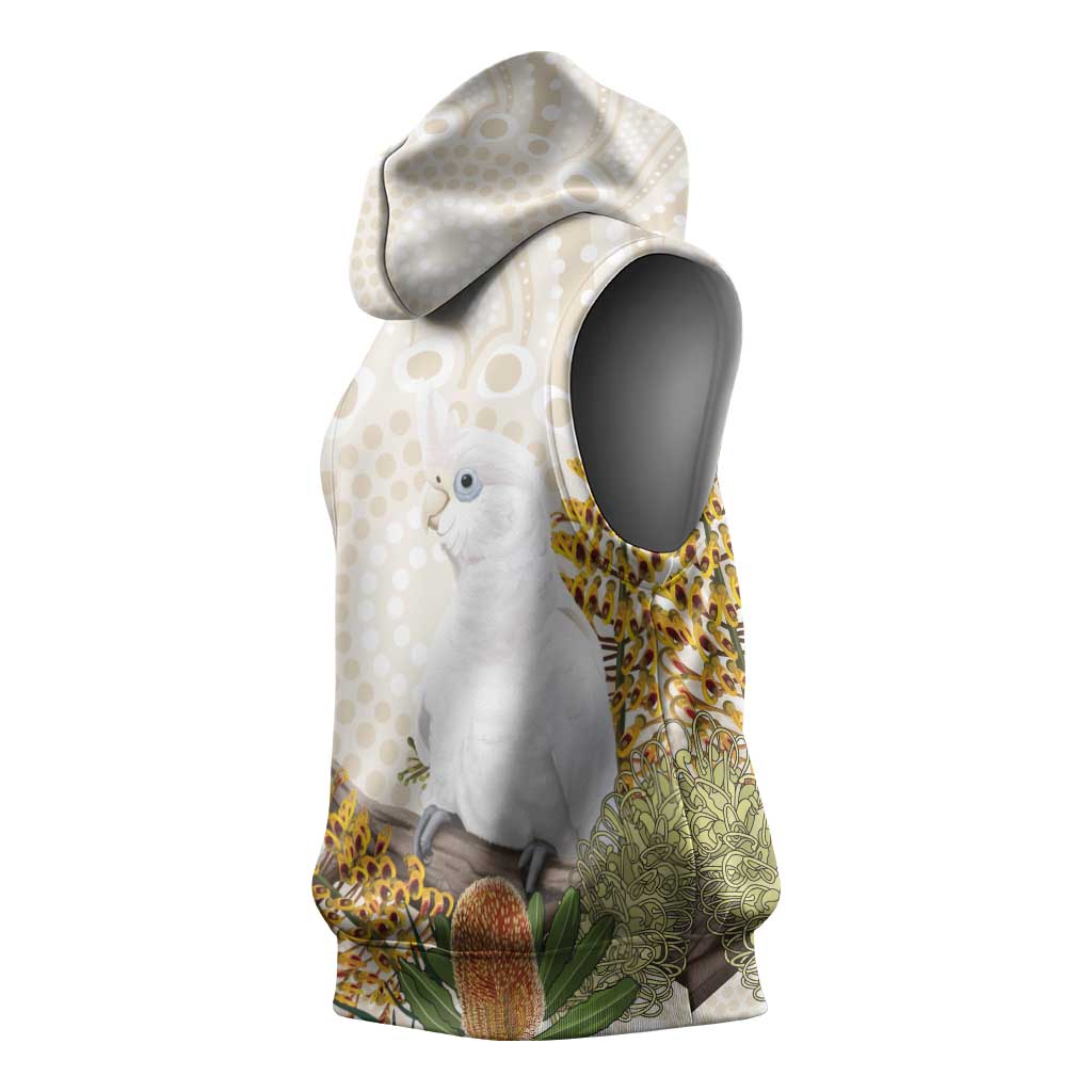 Australia Little Corella Sleeveless Hoodie Cacatua Sanguinea Western Grevillea Aboriginal Art - Aussie Hoodie