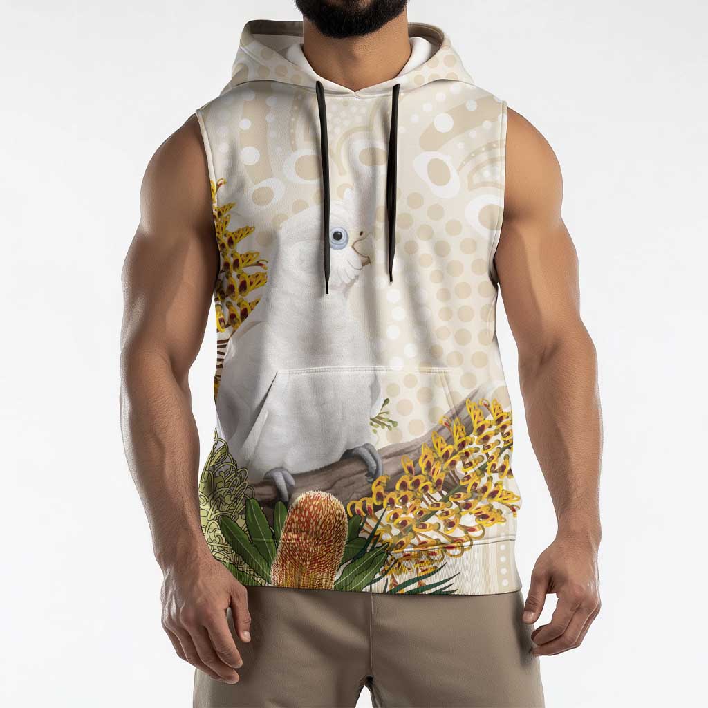 Australia Little Corella Sleeveless Hoodie Cacatua Sanguinea Western Grevillea Aboriginal Art - Aussie Hoodie