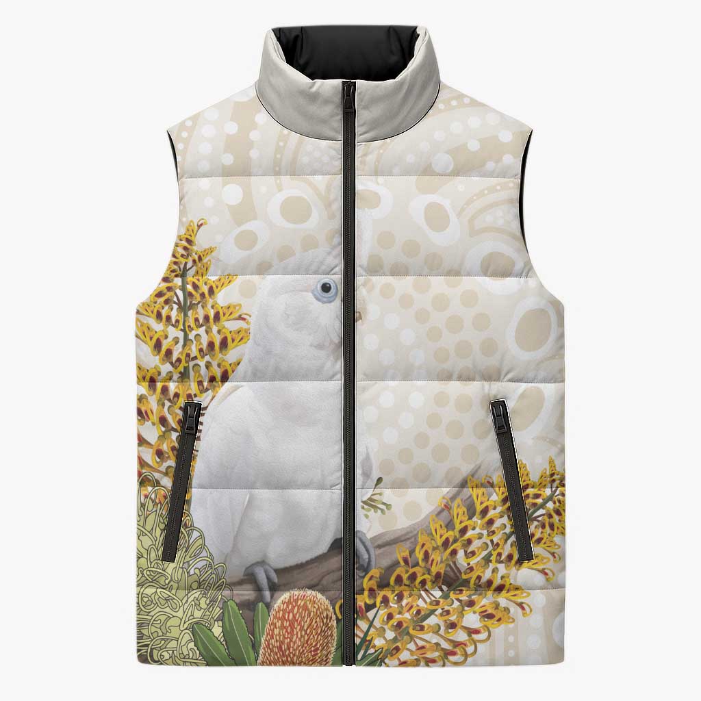 Australia Little Corella Sleeveless Puffer Jacket Cacatua Sanguinea Western Grevillea Aboriginal Art - Aussie Hoodie