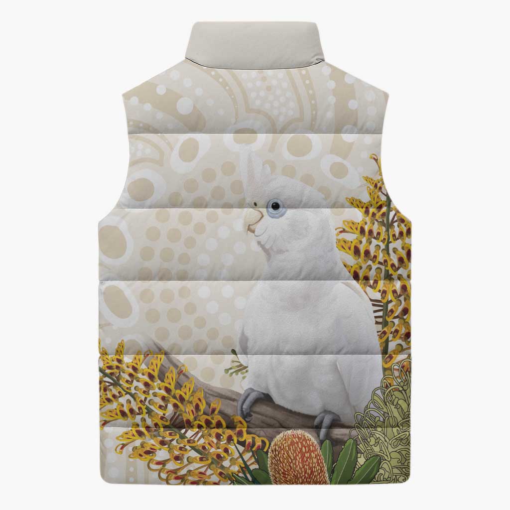 Australia Little Corella Sleeveless Puffer Jacket Cacatua Sanguinea Western Grevillea Aboriginal Art - Aussie Hoodie