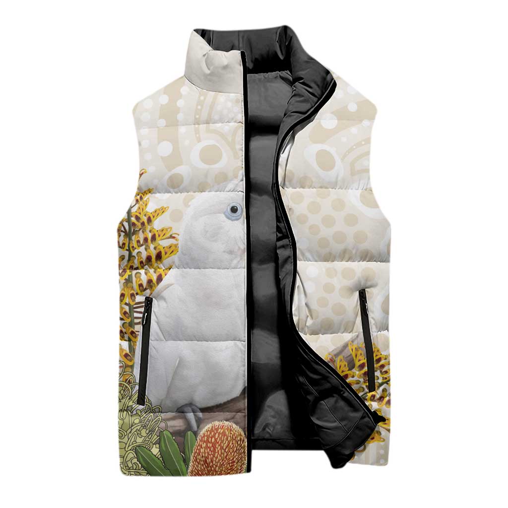 Australia Little Corella Sleeveless Puffer Jacket Cacatua Sanguinea Western Grevillea Aboriginal Art - Aussie Hoodie
