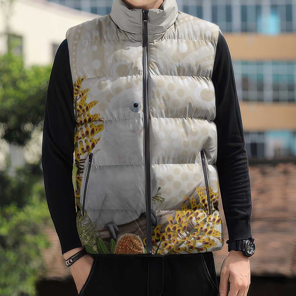 Australia Little Corella Sleeveless Puffer Jacket Cacatua Sanguinea Western Grevillea Aboriginal Art - Aussie Hoodie