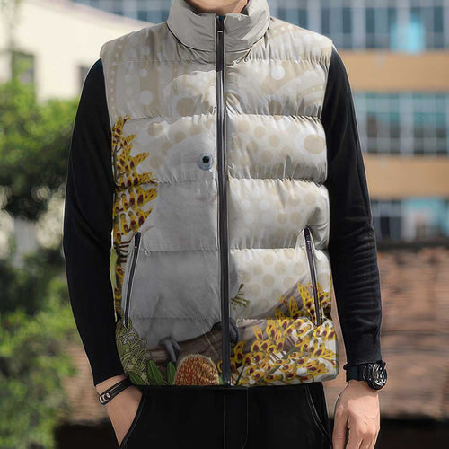 Australia Little Corella Sleeveless Puffer Jacket Cacatua Sanguinea Western Grevillea Aboriginal Art - Aussie Hoodie