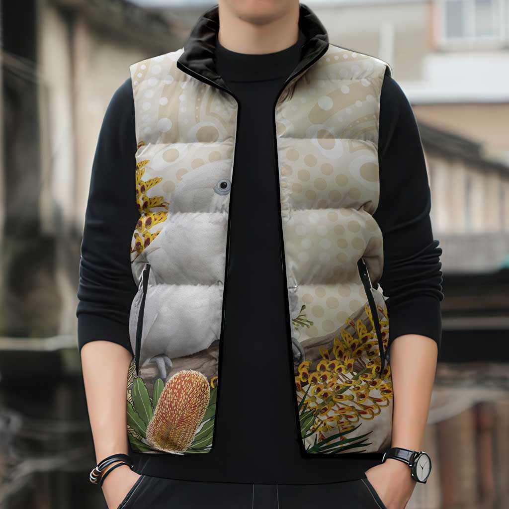 Australia Little Corella Sleeveless Puffer Jacket Cacatua Sanguinea Western Grevillea Aboriginal Art - Aussie Hoodie