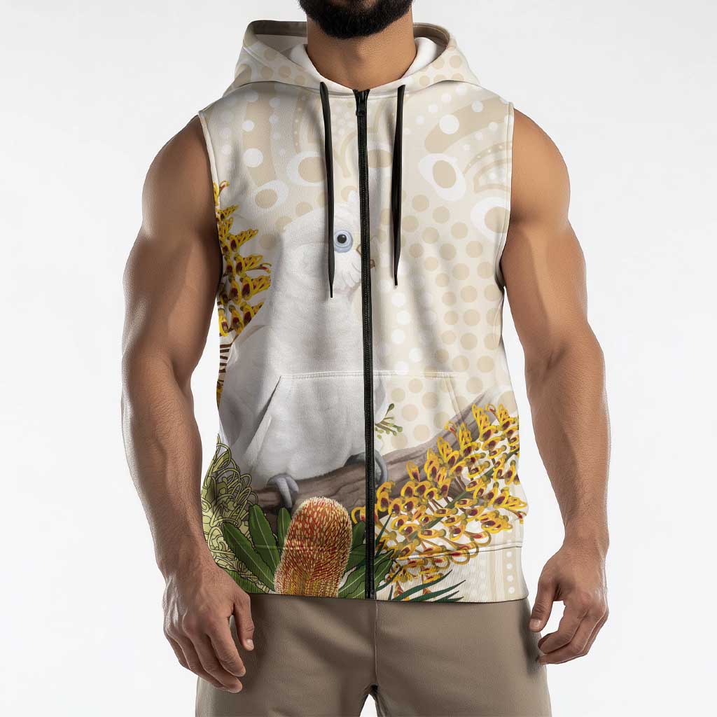 Australia Little Corella Sleeveless Zip Hoodie Cacatua Sanguinea Western Grevillea Aboriginal Art LT14