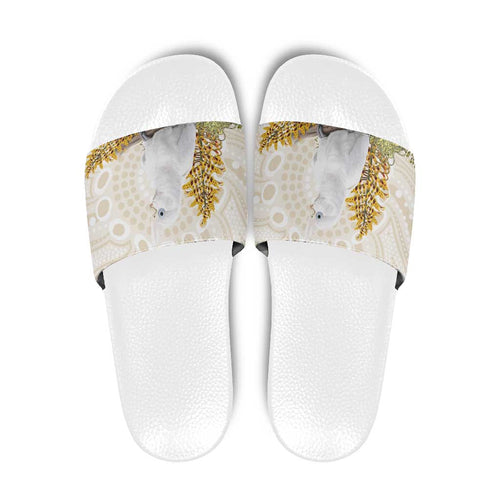 Australia Little Corella Slide Sandals Cacatua Sanguinea Western Grevillea Aboriginal Art - Aussie Hoodie