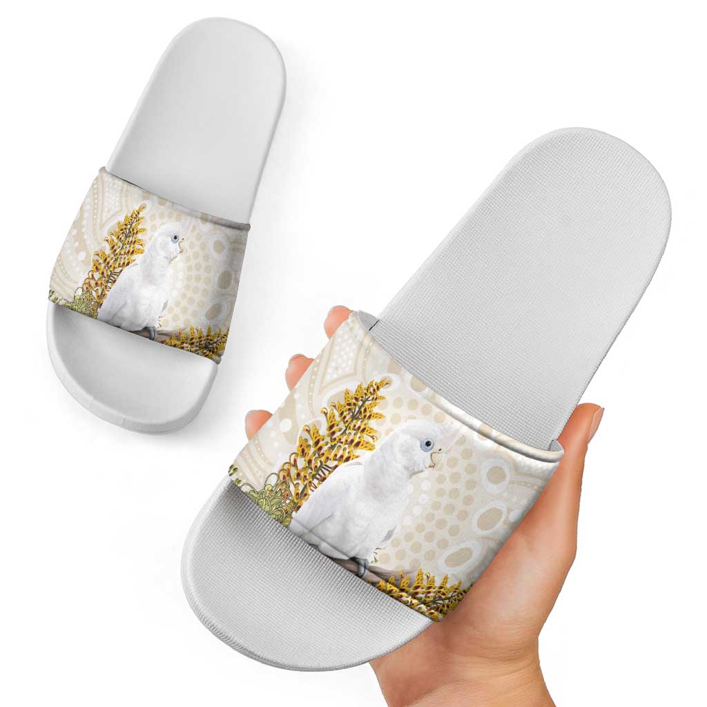Australia Little Corella Slide Sandals Cacatua Sanguinea Western Grevillea Aboriginal Art - Aussie Hoodie