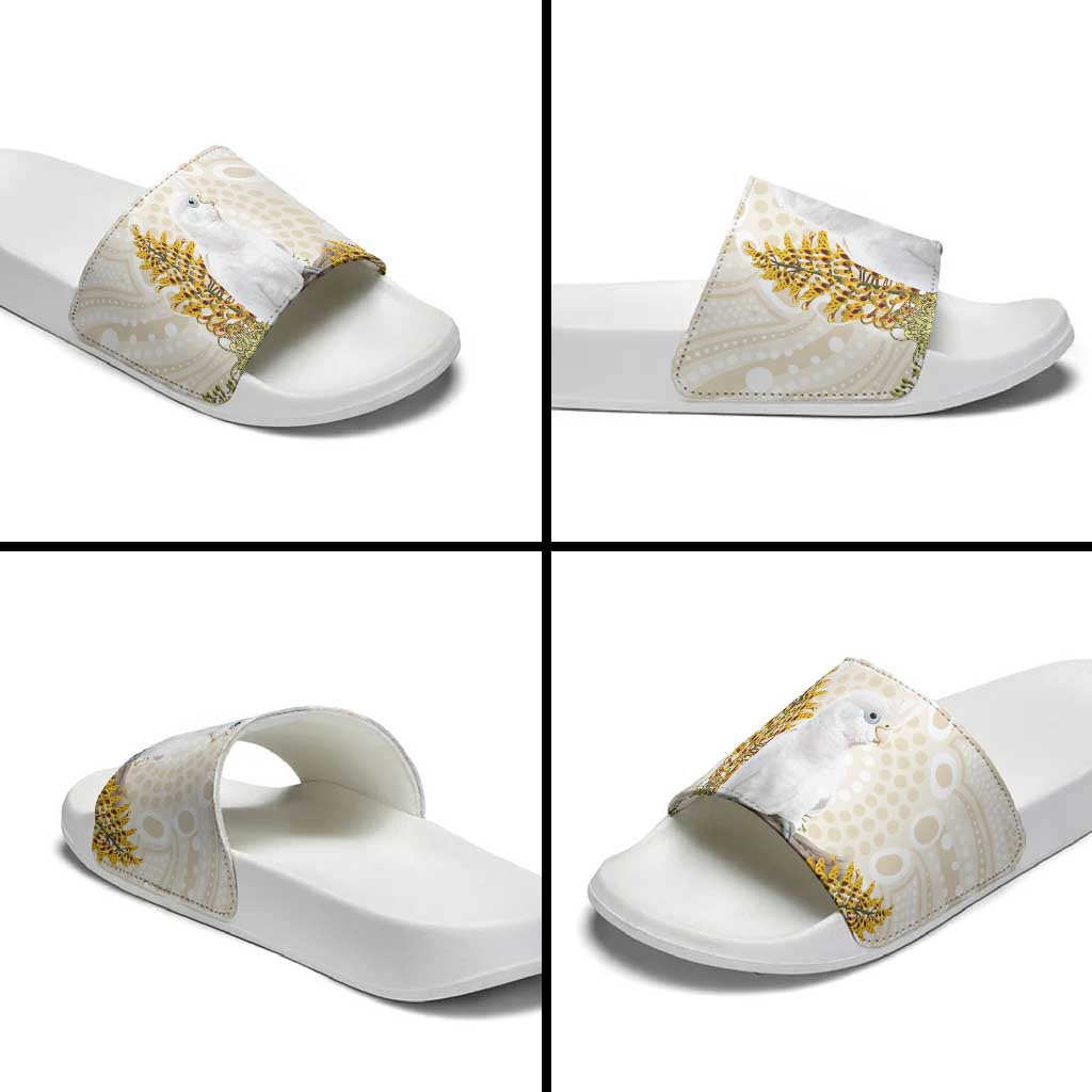Australia Little Corella Slide Sandals Cacatua Sanguinea Western Grevillea Aboriginal Art - Aussie Hoodie