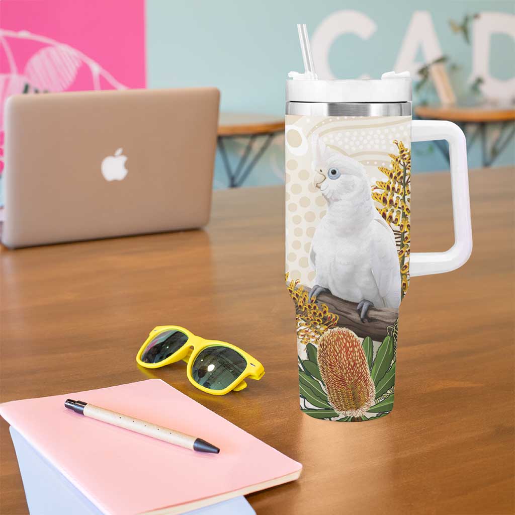 Australia Little Corella Tumbler With Handle Cacatua Sanguinea Western Grevillea Aboriginal Art - Aussie Hoodie