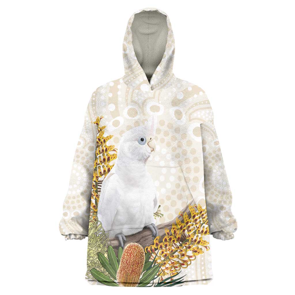 Australia Little Corella Wearable Blanket Hoodie Cacatua Sanguinea Western Grevillea Aboriginal Art - Aussie Hoodie