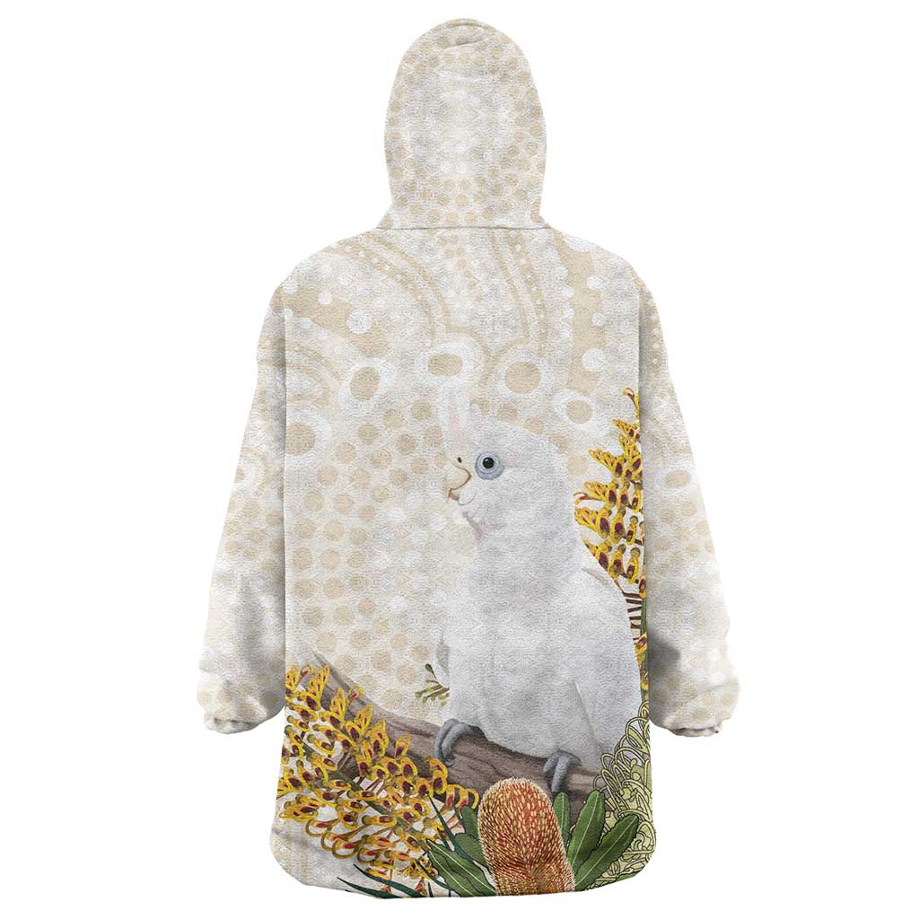 Australia Little Corella Wearable Blanket Hoodie Cacatua Sanguinea Western Grevillea Aboriginal Art - Aussie Hoodie