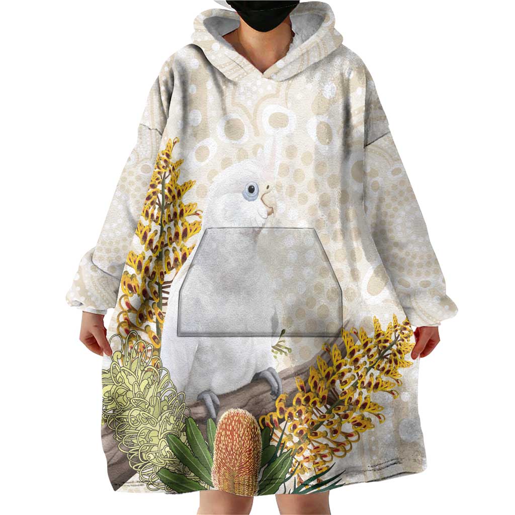 Australia Little Corella Wearable Blanket Hoodie Cacatua Sanguinea Western Grevillea Aboriginal Art - Aussie Hoodie