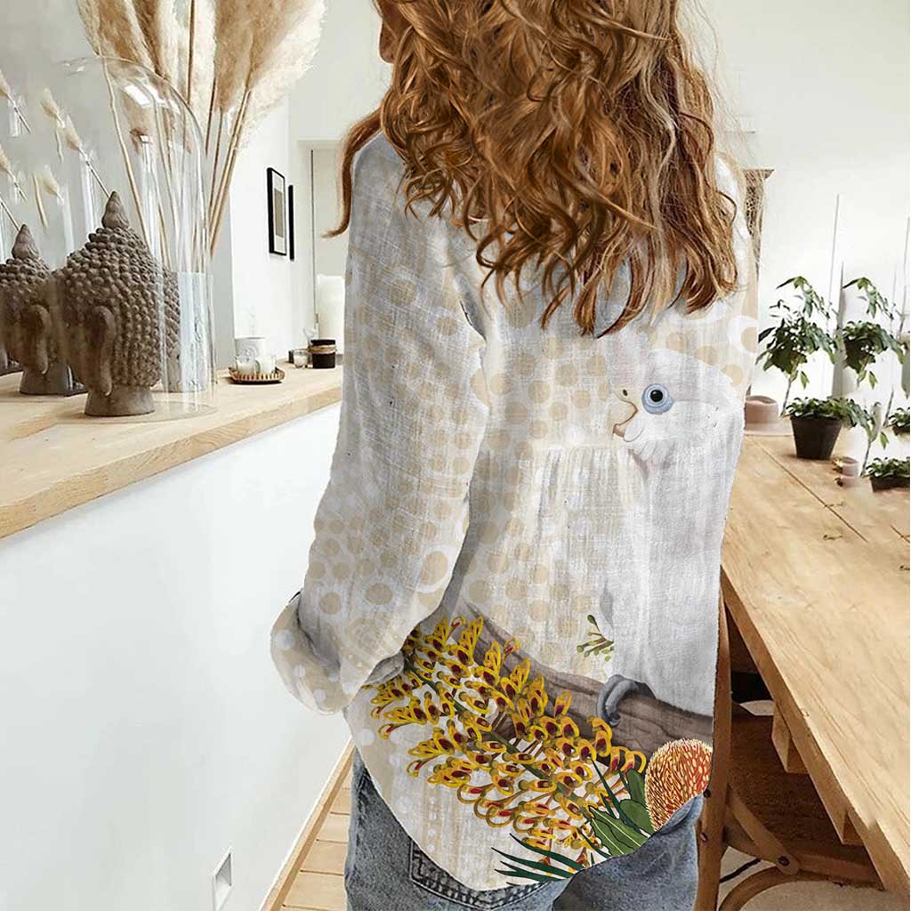 Australia Little Corella Women Casual Shirt Cacatua Sanguinea Western Grevillea Aboriginal Art - Aussie Hoodie