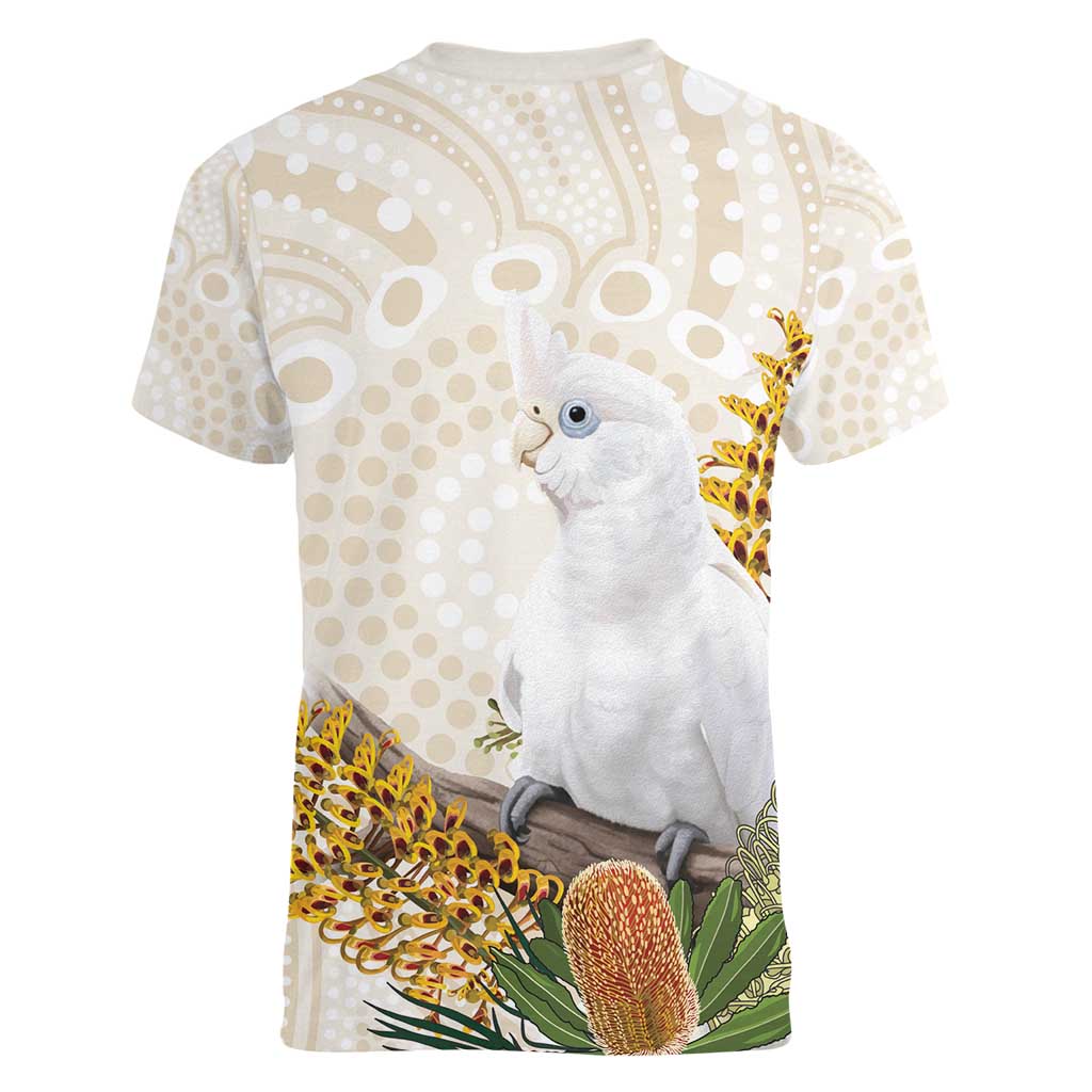 Australia Little Corella Women V-Neck T-Shirt Cacatua Sanguinea Western Grevillea Aboriginal Art - Aussie Hoodie