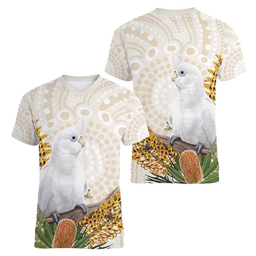 Australia Little Corella Women V-Neck T-Shirt Cacatua Sanguinea Western Grevillea Aboriginal Art - Aussie Hoodie
