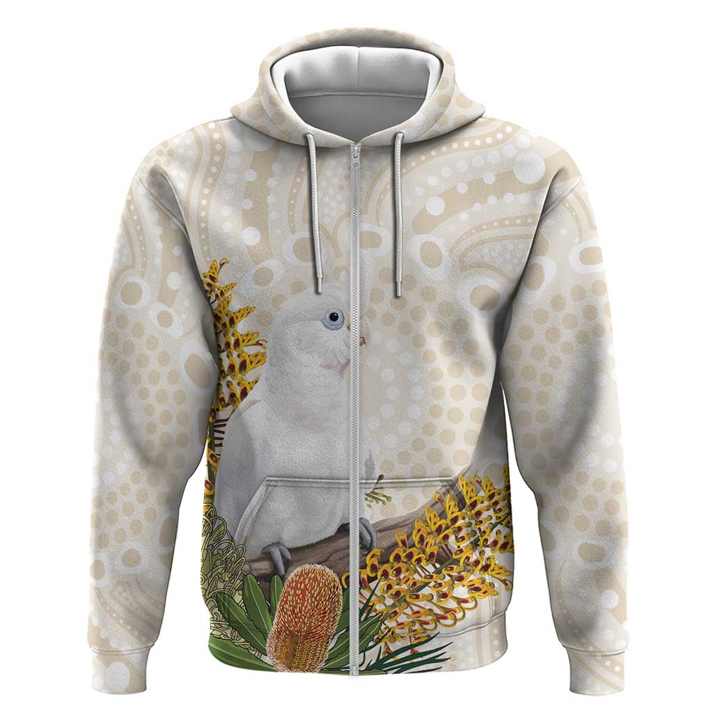 Australia Little Corella Zip Hoodie Cacatua Sanguinea Western Grevillea Aboriginal Art - Aussie Hoodie