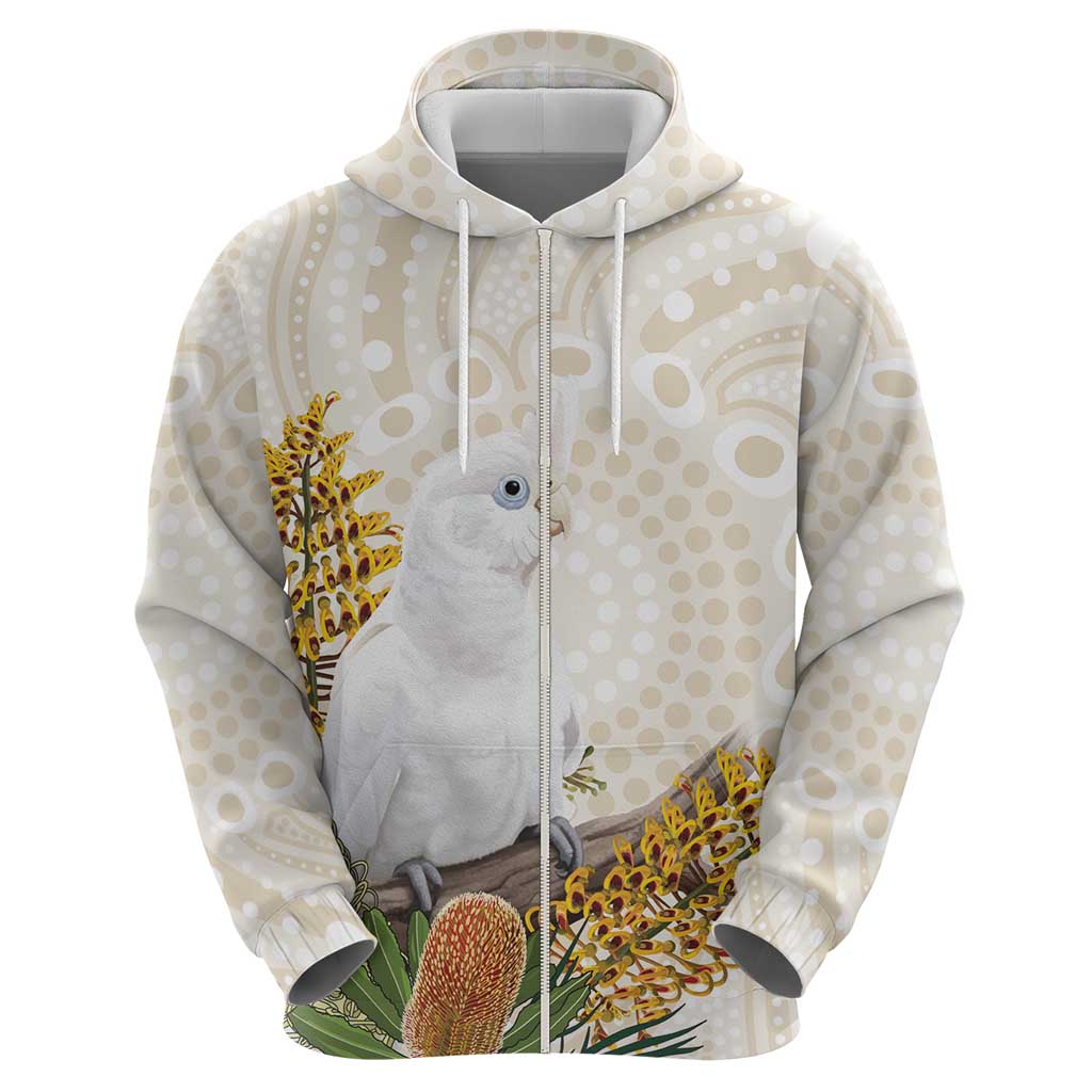 Australia Little Corella Zip Hoodie Cacatua Sanguinea Western Grevillea Aboriginal Art - Aussie Hoodie