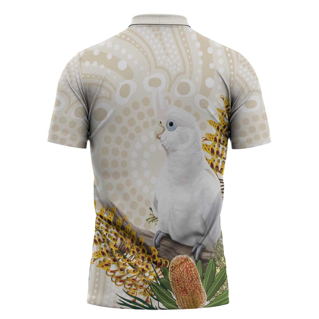 Australia Little Corella Zipper Polo Shirt Cacatua Sanguinea Western Grevillea Aboriginal Art - Aussie Hoodie