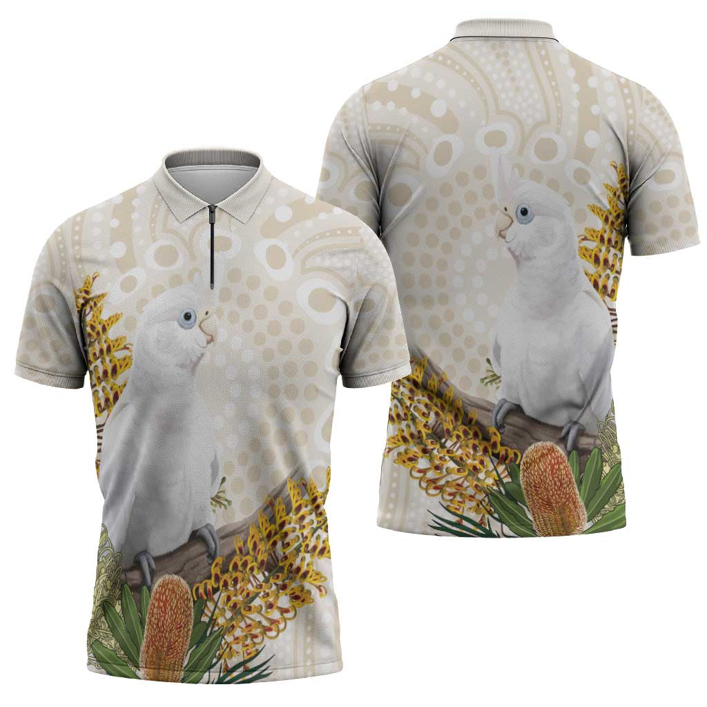 Australia Little Corella Zipper Polo Shirt Cacatua Sanguinea Western Grevillea Aboriginal Art - Aussie Hoodie