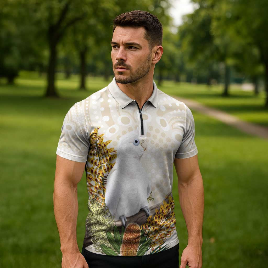 Australia Little Corella Zipper Polo Shirt Cacatua Sanguinea Western Grevillea Aboriginal Art - Aussie Hoodie