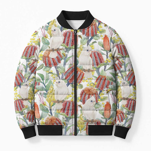 Little Corella Australia Cockatoo Bomber Puffer Jacket Cacatua Sanguinea Banksia Seamless White - Aussie Hoodie