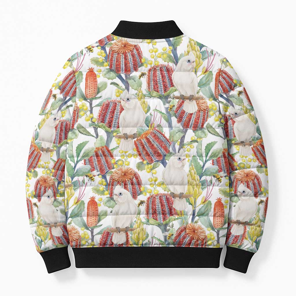 Little Corella Australia Cockatoo Bomber Puffer Jacket Cacatua Sanguinea Banksia Seamless White - Aussie Hoodie
